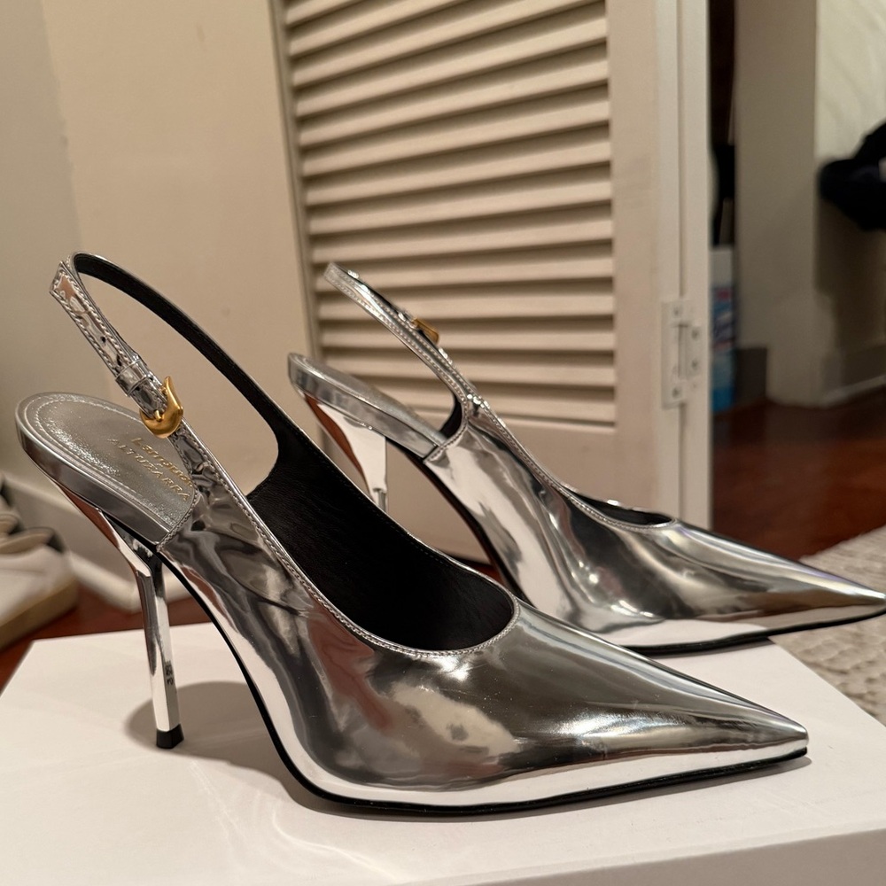 Larroude Metallic Silver Slingback Heels